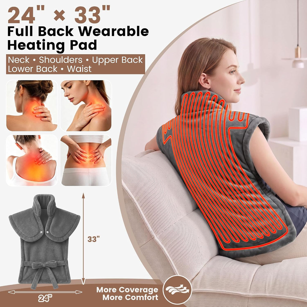 Electric Heating Pad for Back, Neck & Shoulders, 24"×33", Ultra Soft