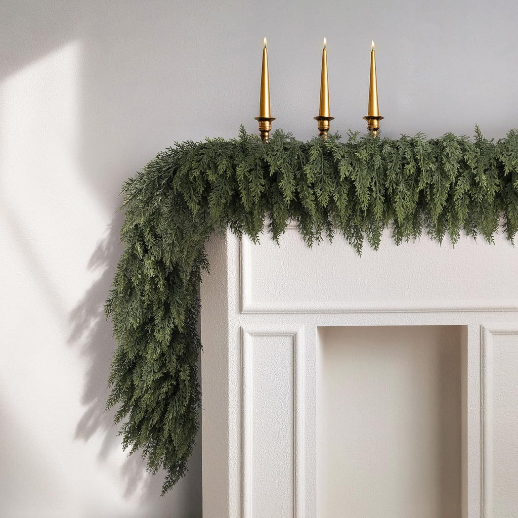 9Ft Christmas Cedar Garland, Real Touch Soft Greenery Christmas Decorations | Realistic Thick Full Lush Artificial