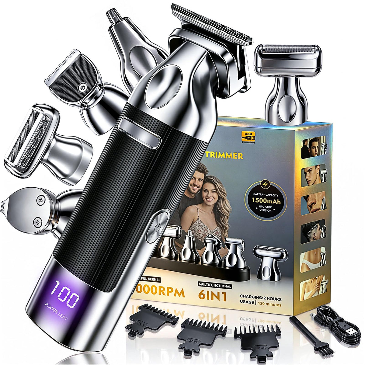 6 in 1 Beard Trimmer for Men Rechargeable with LED Display