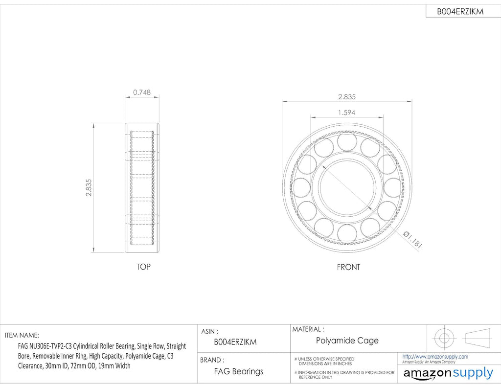 FAG NU306E-TVP2-C3 Cylindrical Roller Bearing, Single Row, Straight Bore, Removable Inner Ring, High Capacity, Polyamide Cage, C3 Clearance, 30mm ID, 72mm OD, 19mm Width