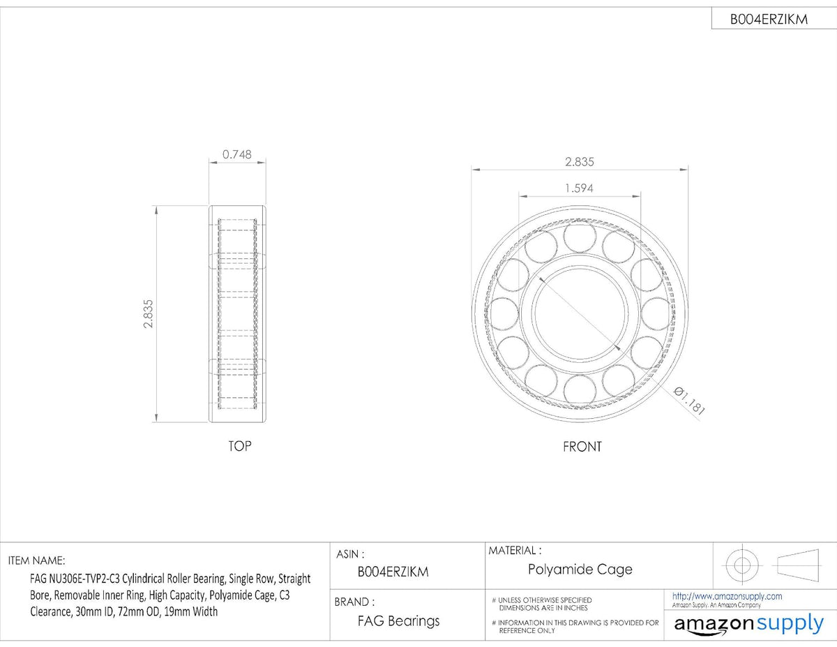 FAG NU306E-TVP2-C3 Cylindrical Roller Bearing, Single Row, Straight Bore, Removable Inner Ring, High Capacity, Polyamide Cage, C3 Clearance, 30mm ID, 72mm OD, 19mm Width