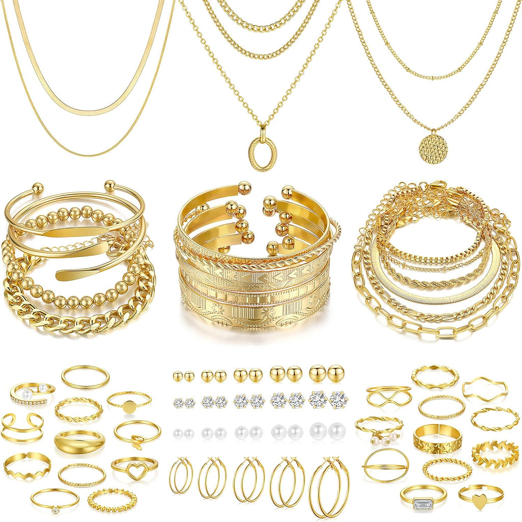 68 Pcs Gold Jewelry Set for Women with 7 Necklace, 17 Bracelet, 5 Hoop Earrings, 15 Stud Earrings, 24 Knuckle Rings