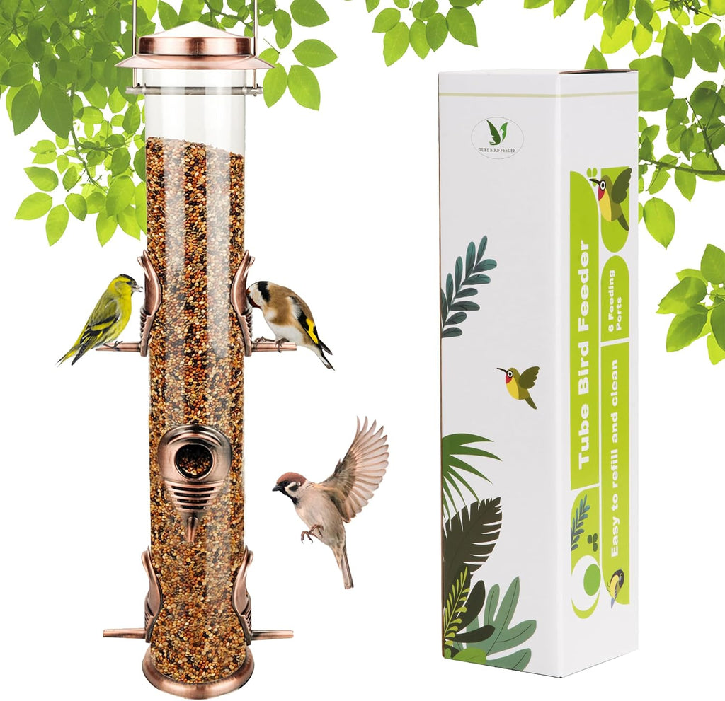 1PK Metal Wild Bird Feeder,Squirrel Proof Bird Feeders for Outside,Hanging 6 Port Tube Bird Feeder,Finch Bird Feeder