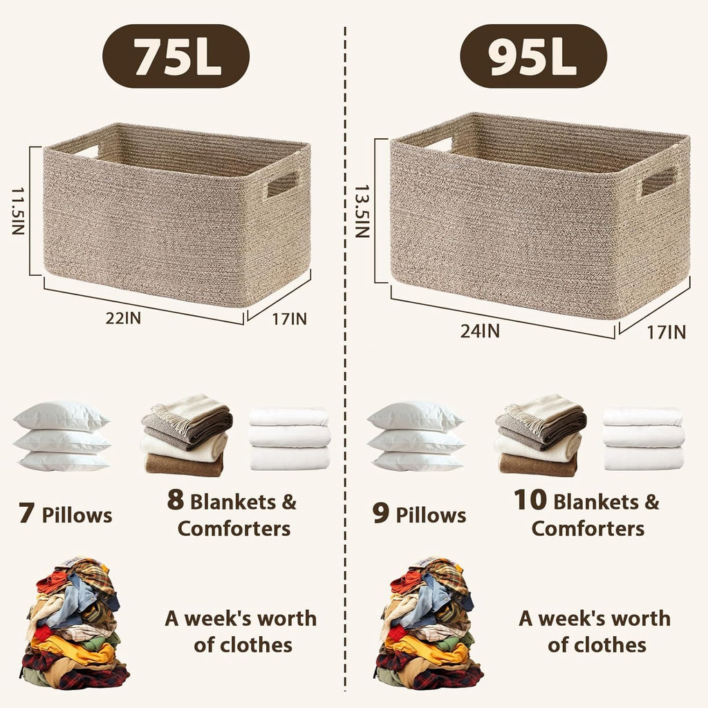 75L Large Blanket Basket for Living Room, Woven Rope Laundry Basket with Reinforced Handles, Decorative Versatile