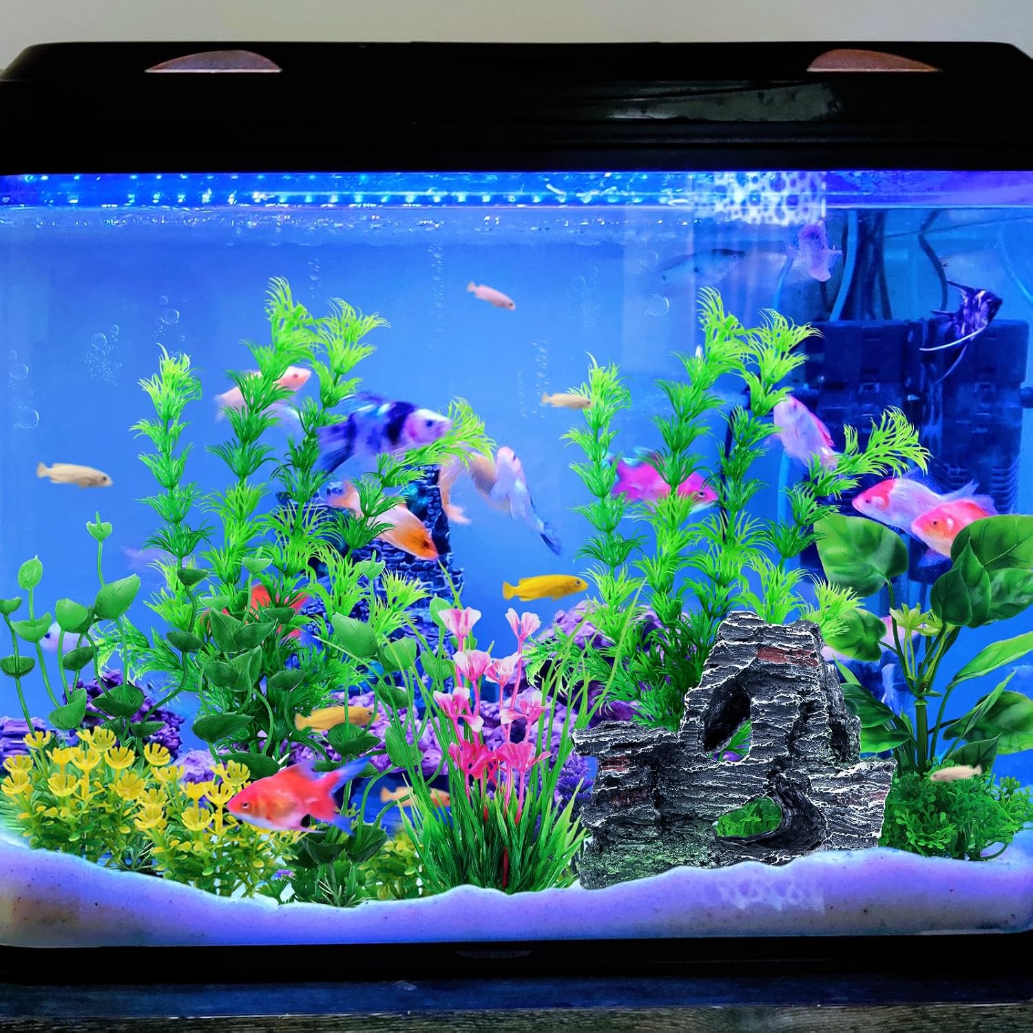 Fish Tank Accessories Artificial Plants, 9pcs Green Aquarium Decorations Plants and Cave Rock Decor Set, Aquarium