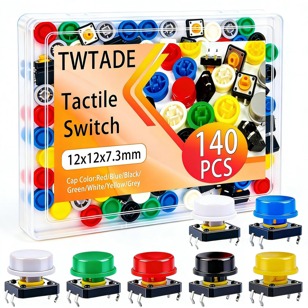 TWTADE/140PCS Micro Momentary Tactile Push Button Switch 4 Pin 12x12x7.3mm Tact Switch Assortment Kit with Switch Caps (70Sets)