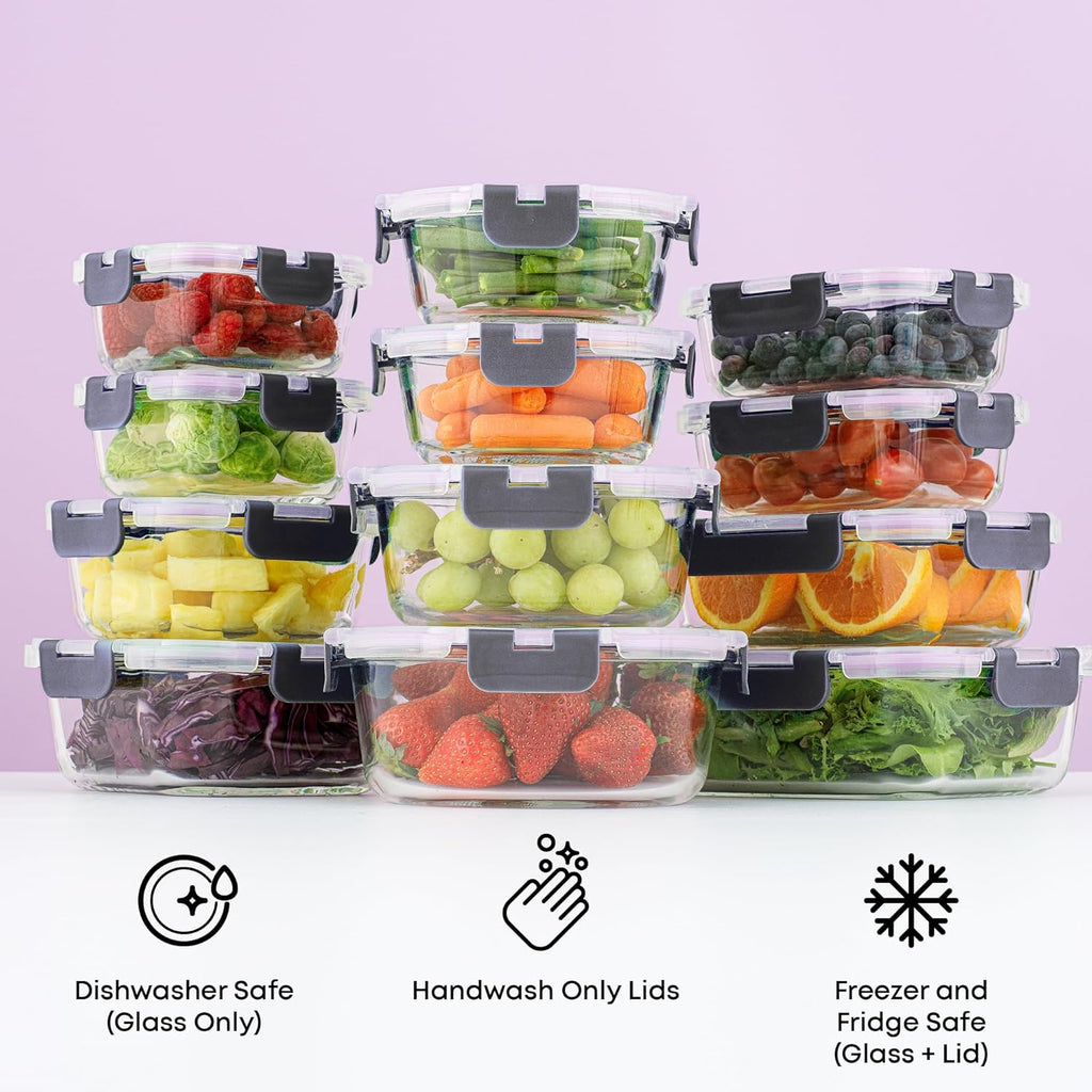 24pc Borosilicate Glass Storage Containers with Lids | 12 Airtight/Freezer Safe Food Storage Containers for Pantry