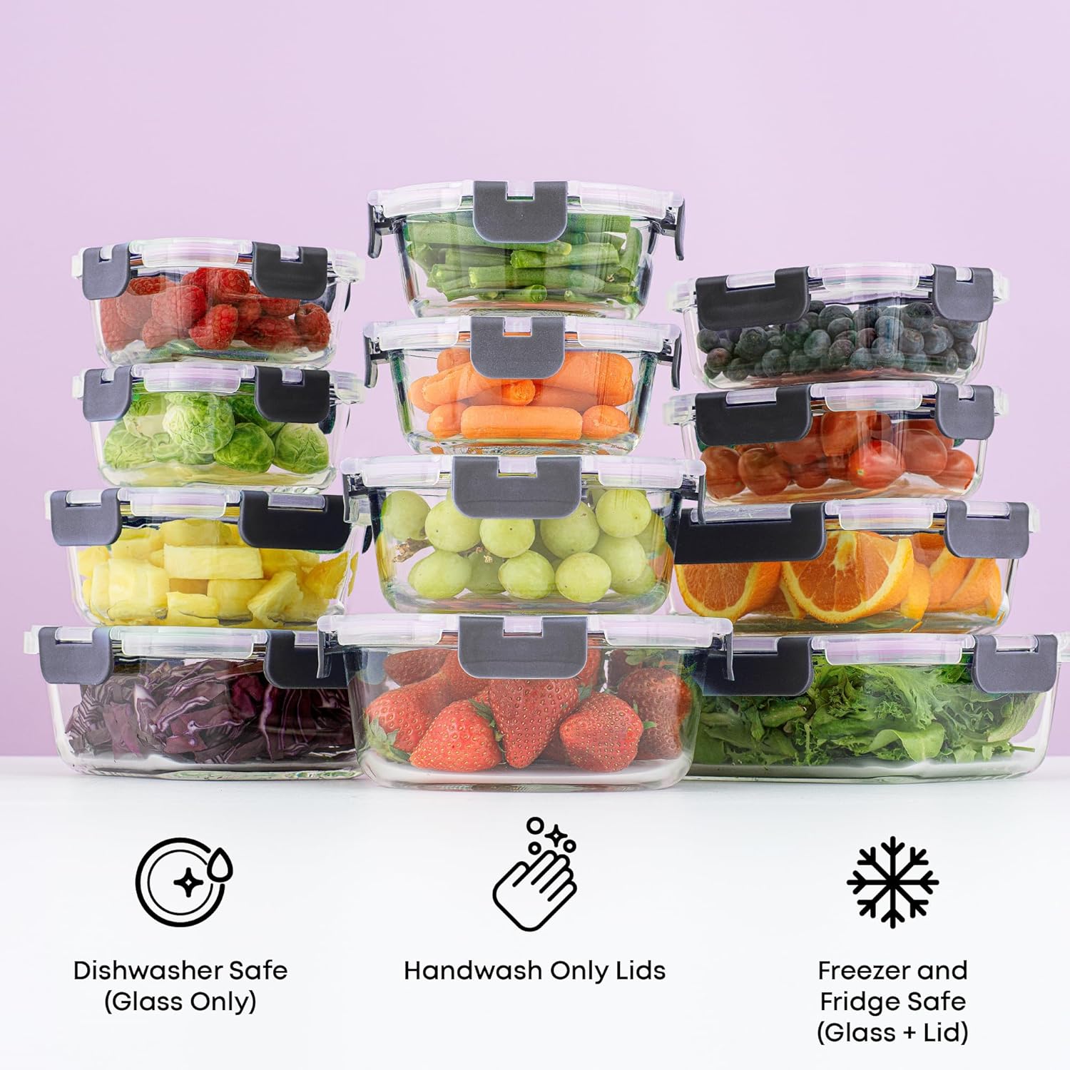 24pc Borosilicate Glass Storage Containers with Lids | 12 Airtight/Freezer Safe Food Storage Containers for Pantry