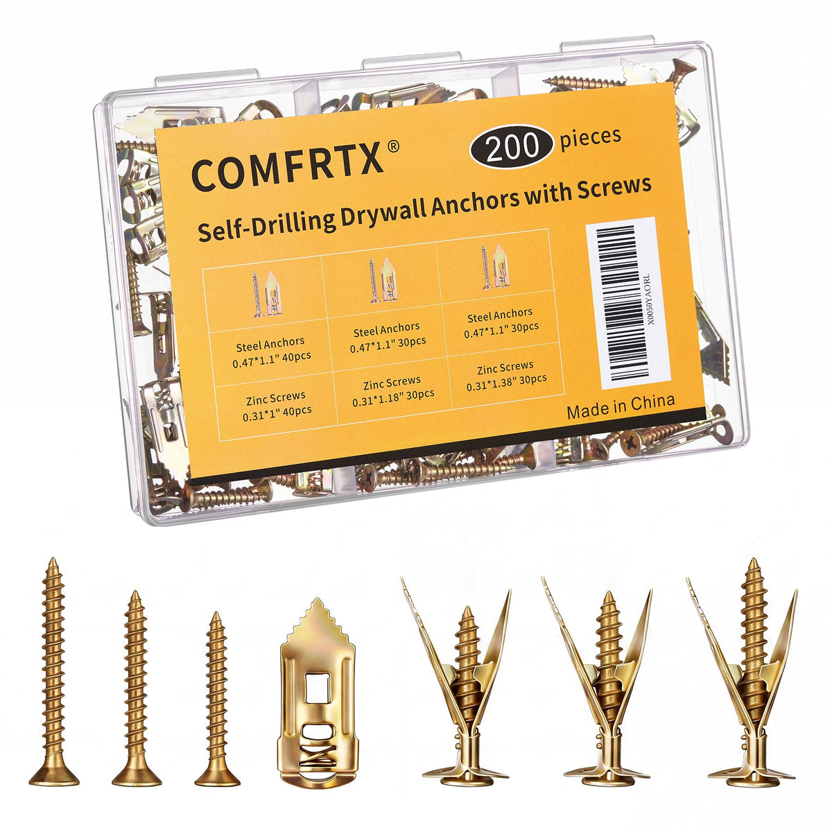 200PCS Self Drilling Drywall Anchors with Screws Kit Metal