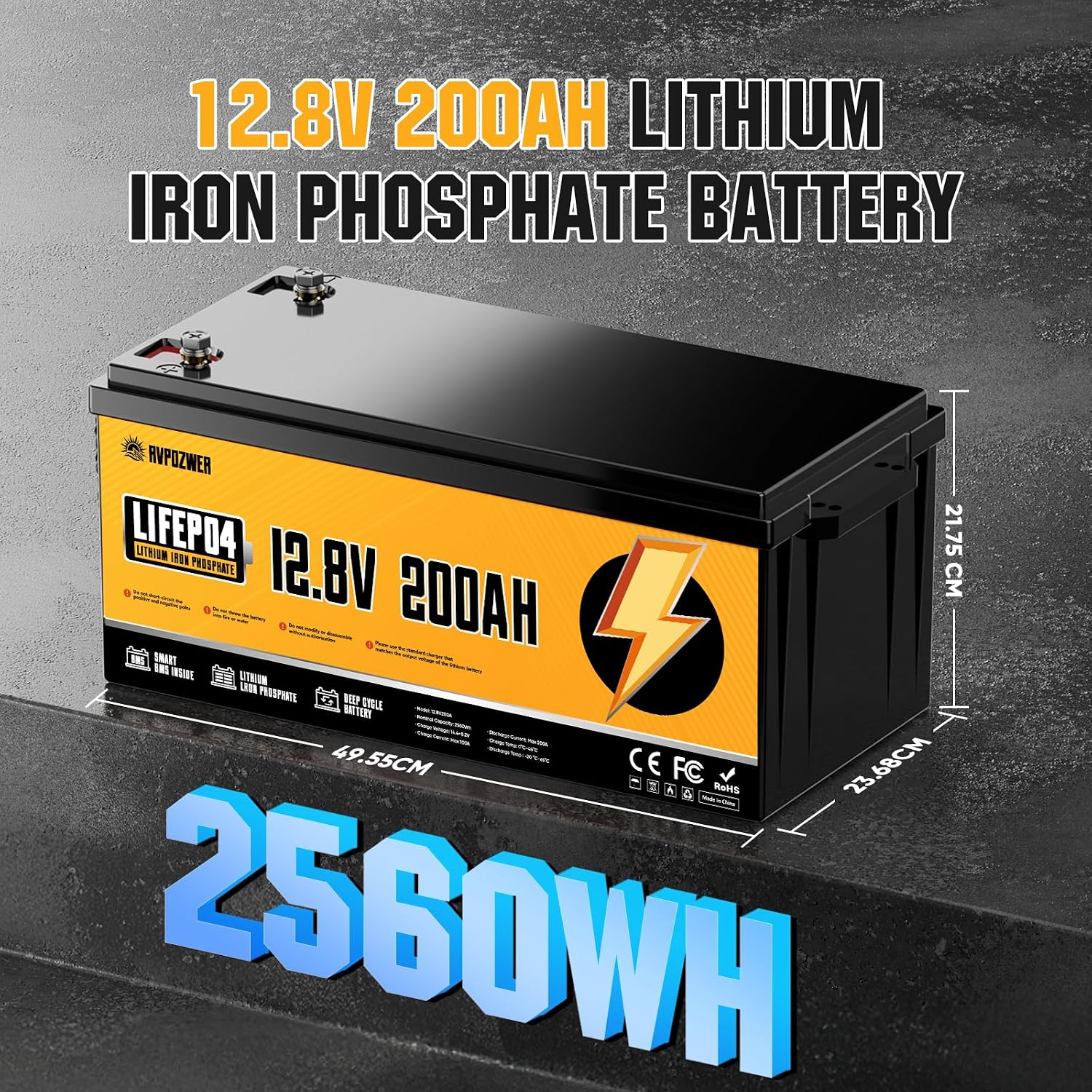12V 200Ah LiFePO4 Lithium Battery, Max. 2560Wh, 15000 Deep Cycle Battery | Low Temp Protection Lithium Iron Phosphate