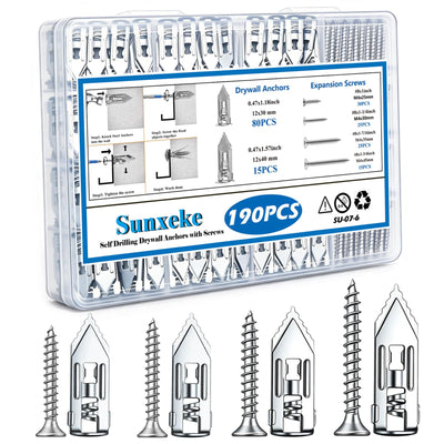 190 PCS Self Drilling Drywall Anchors with Screws Kit-2 Sizes Sheetrock Anchors & 4 Sizes Zinc Expansion
