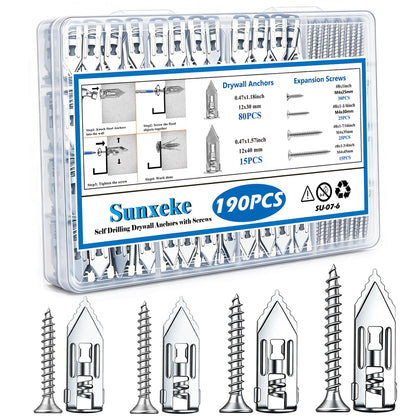 190 PCS Self Drilling Drywall Anchors with Screws Kit-2 Sizes Sheetrock Anchors & 4 Sizes Zinc Expansion