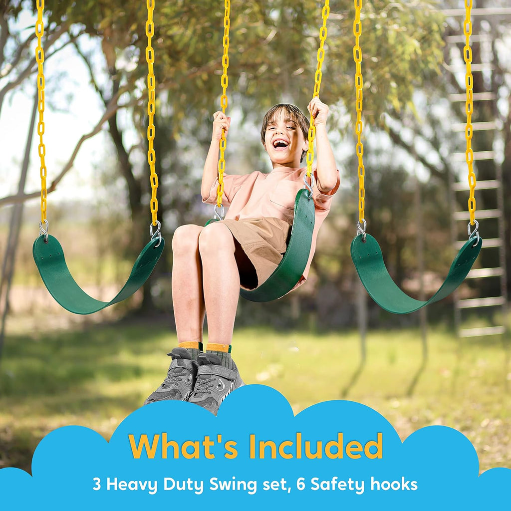 3 Pack Green Swing Seats Heavy Duty with 66" Chain, Swing Set Accessories Replacement with Snap Hooks for Kids