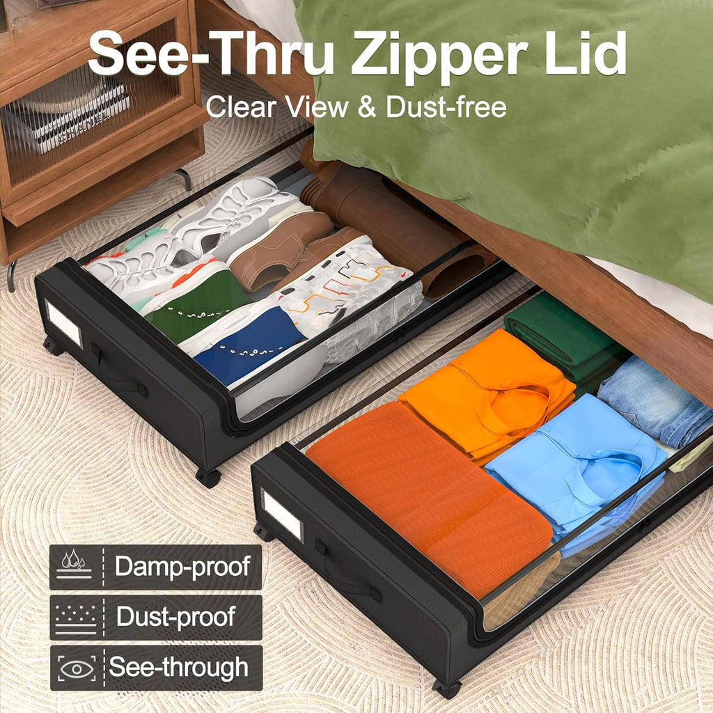 Under Bed Storage with Wheels: 48L Underbed Storage Containers with Clear Lids - Rolling Drawers & Bins for Shoes