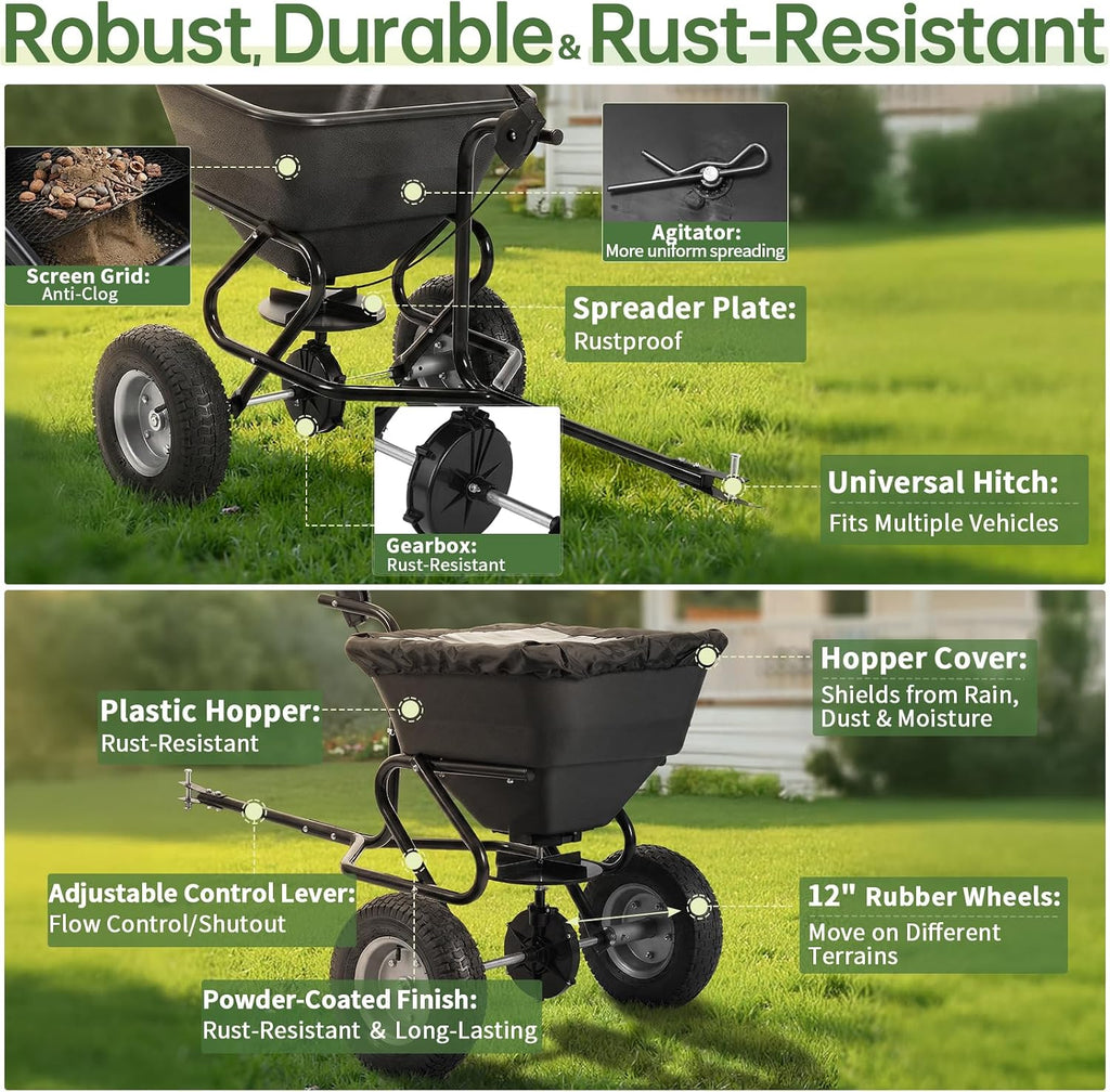130 LBS Heavy Tow Behind Fertilizer Spreader with Universal Hitch | 130 lbs large capacity &10 adjustable spread