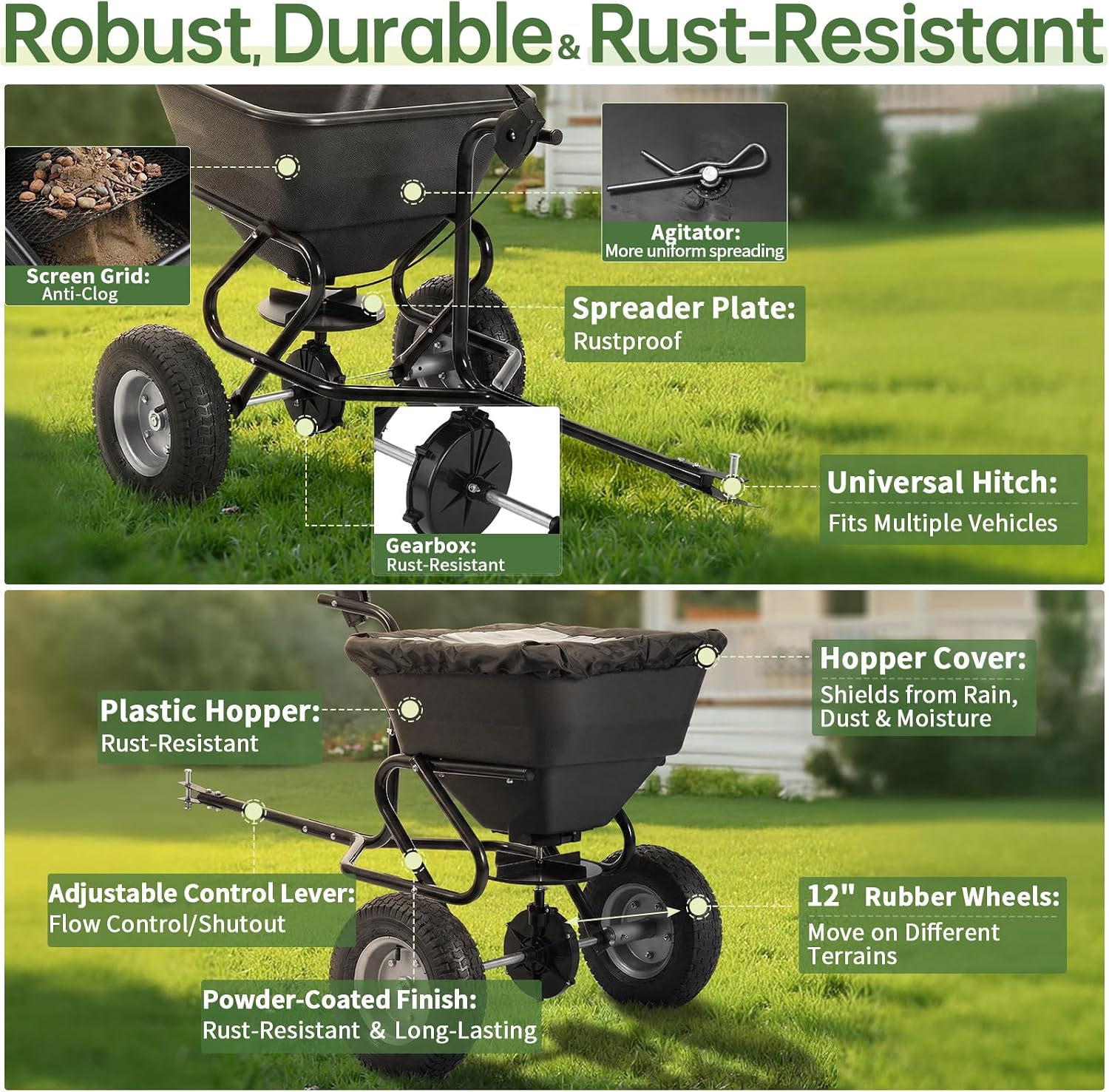 130 LBS Heavy Tow Behind Fertilizer Spreader with Universal Hitch | 130 lbs large capacity &10 adjustable spread