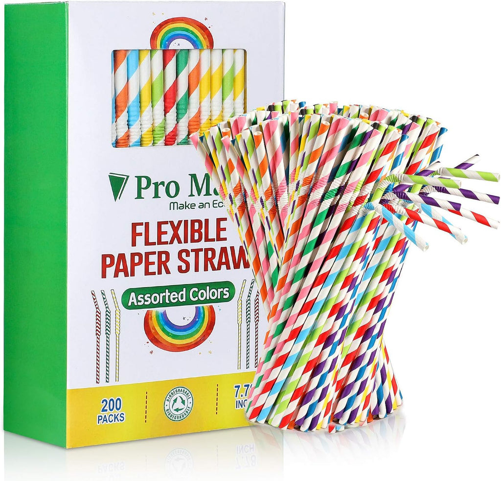 Paper Drinking Straws, Assorted Colors, 200 Pack