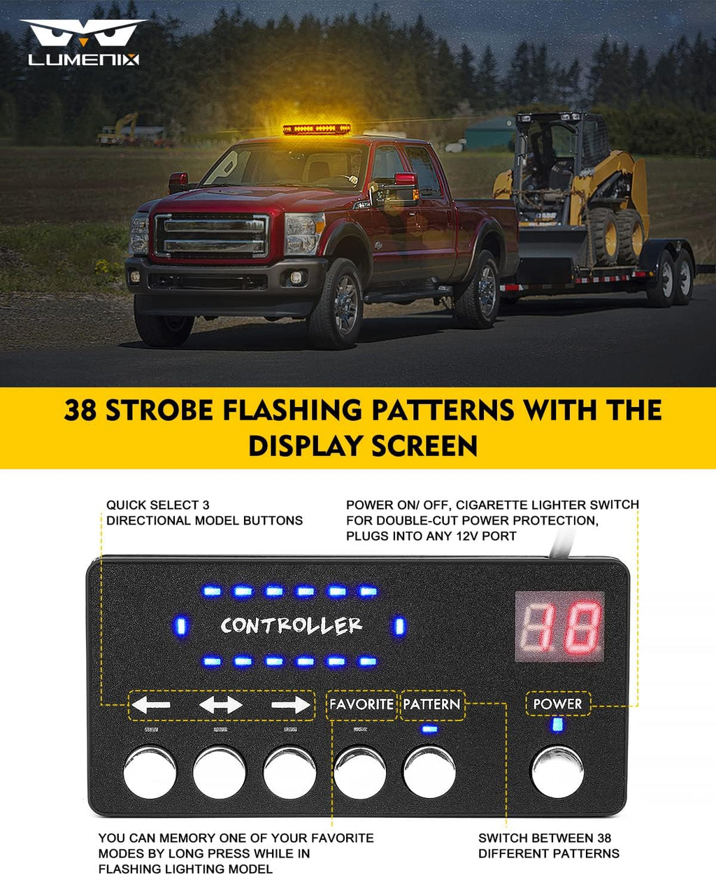 Amber LED Rooftop Strobe Beacon Lights Bar with Controller | Magnetic Emergency Warning Flashing Light for