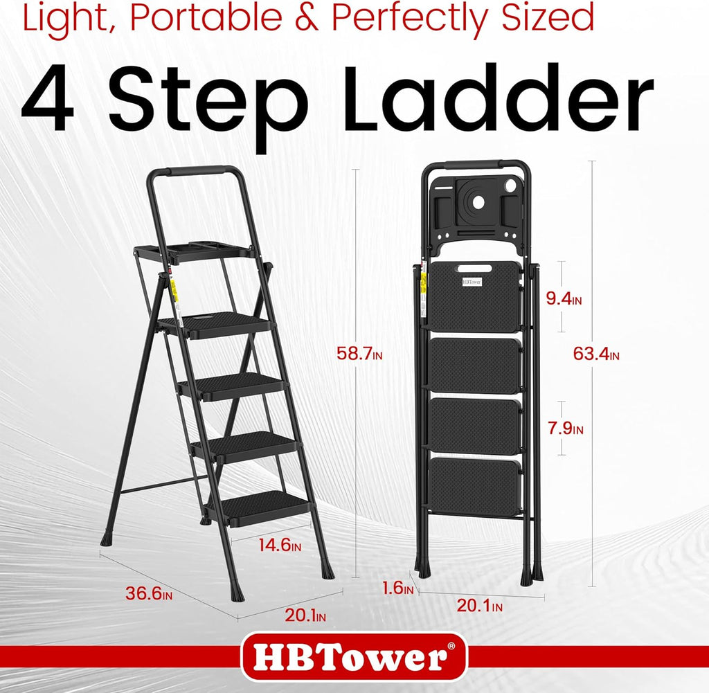 Step Ladder, Folding Step Stool with Wide Anti-Slip Pedal, Sturdy Steel Ladder, Convenient Handrail, Lightweight