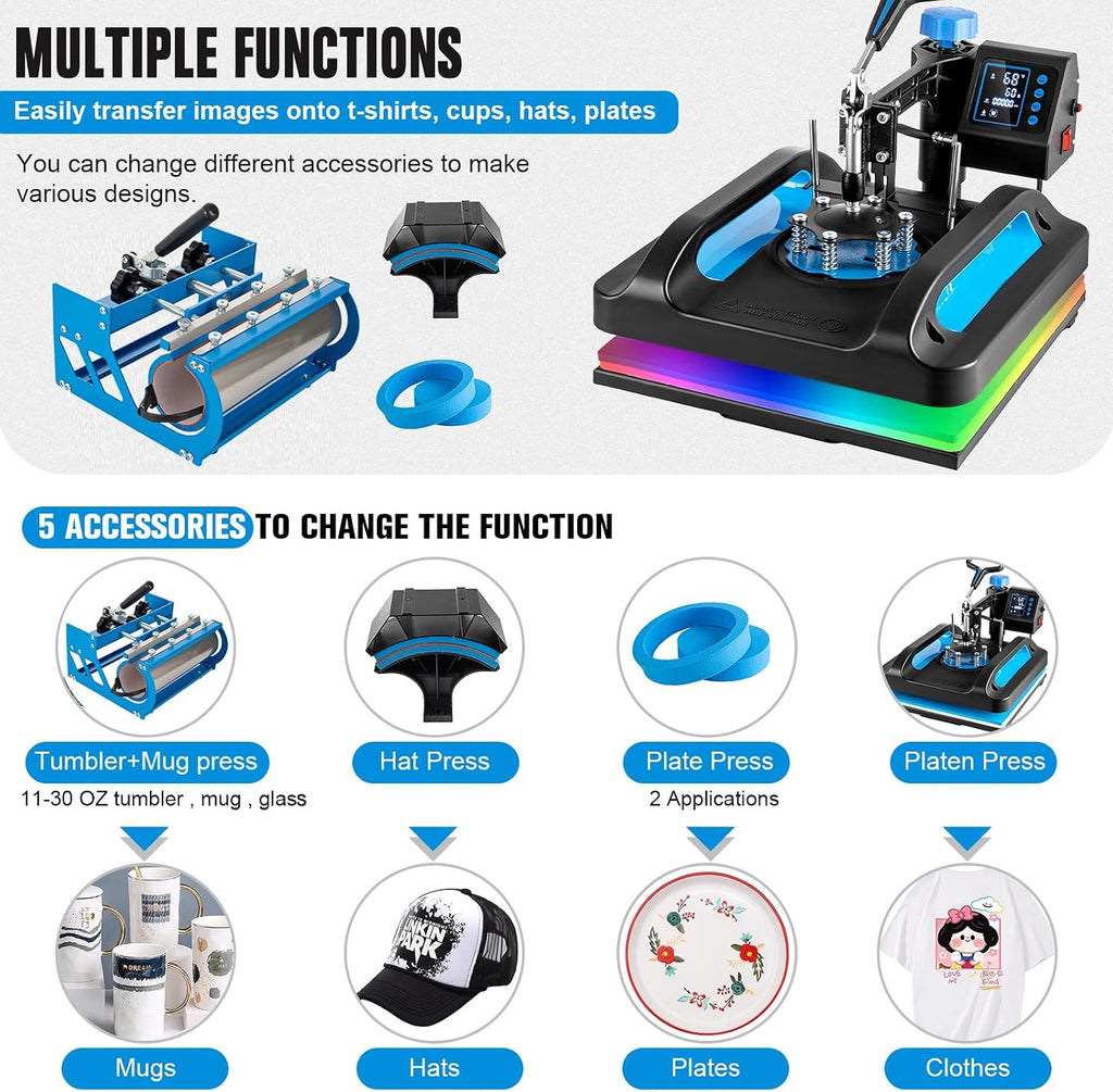 Pro Heat Press 15x15 Inch, 5 in 1 Heat Press Machine with 30 OZ Tumbler Press, Swing Away T Shirt Pressing Machine