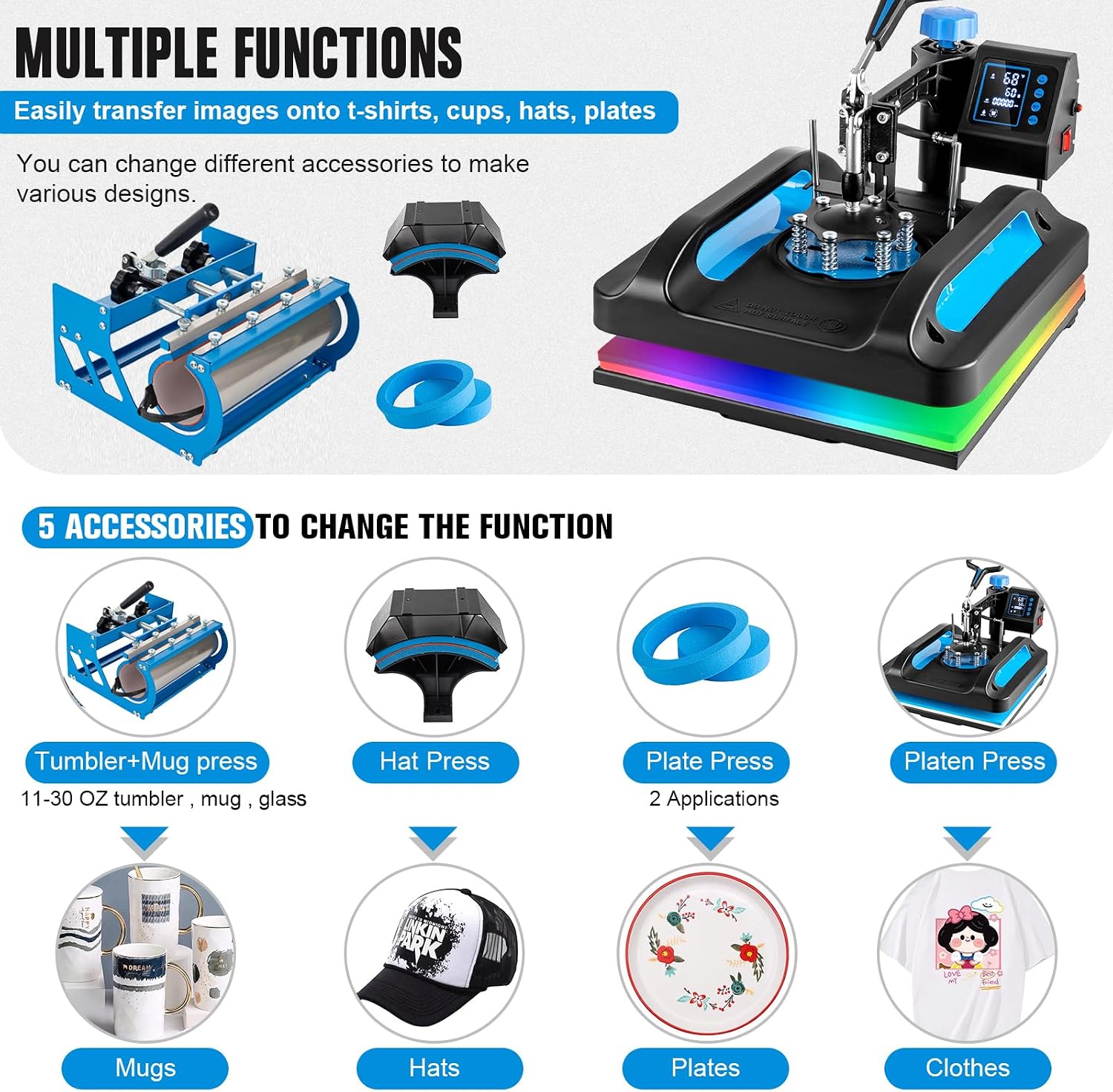 Pro Heat Press 15x15 Inch, 5 in 1 Heat Press Machine with 30 OZ Tumbler Press, Swing Away T Shirt Pressing Machine