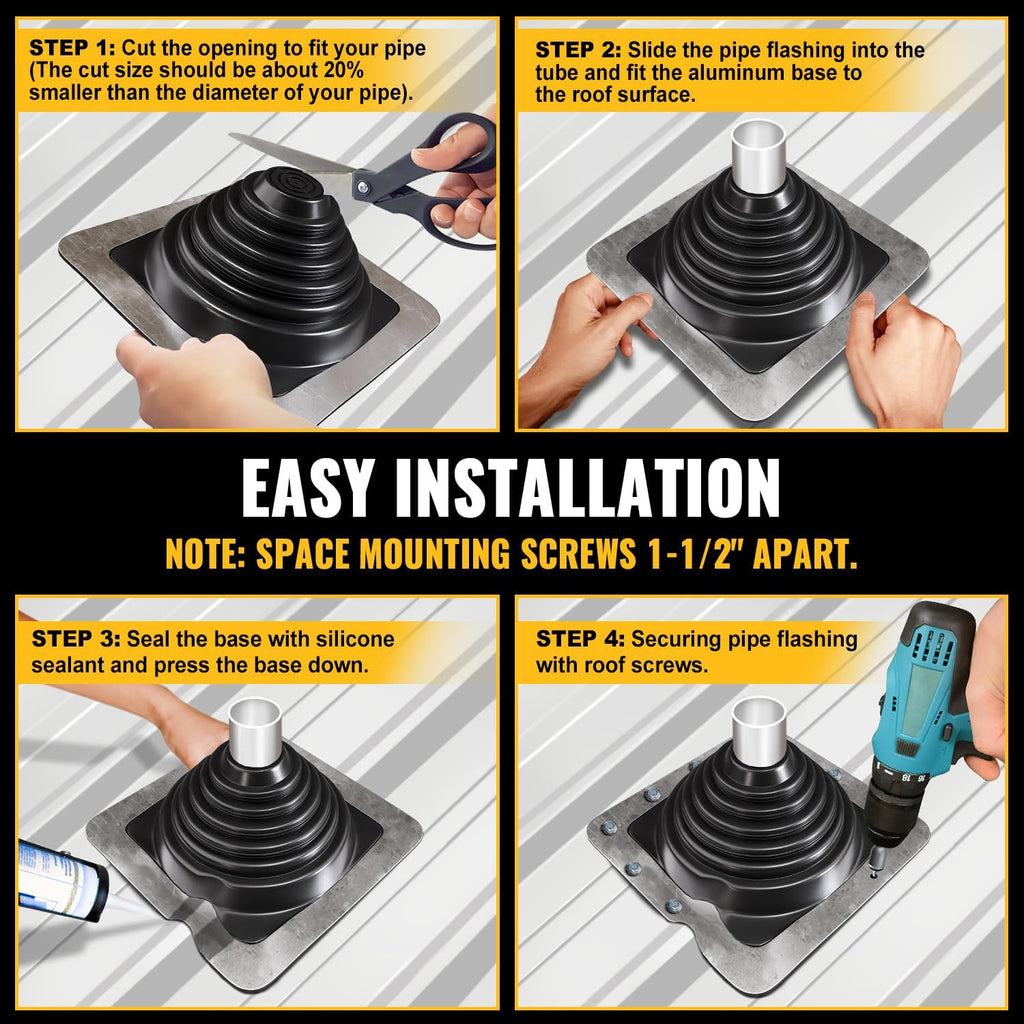 #3 Metal Roof Pipe Flashing 2-Pack, Silicone Roof Vent Boot, Black