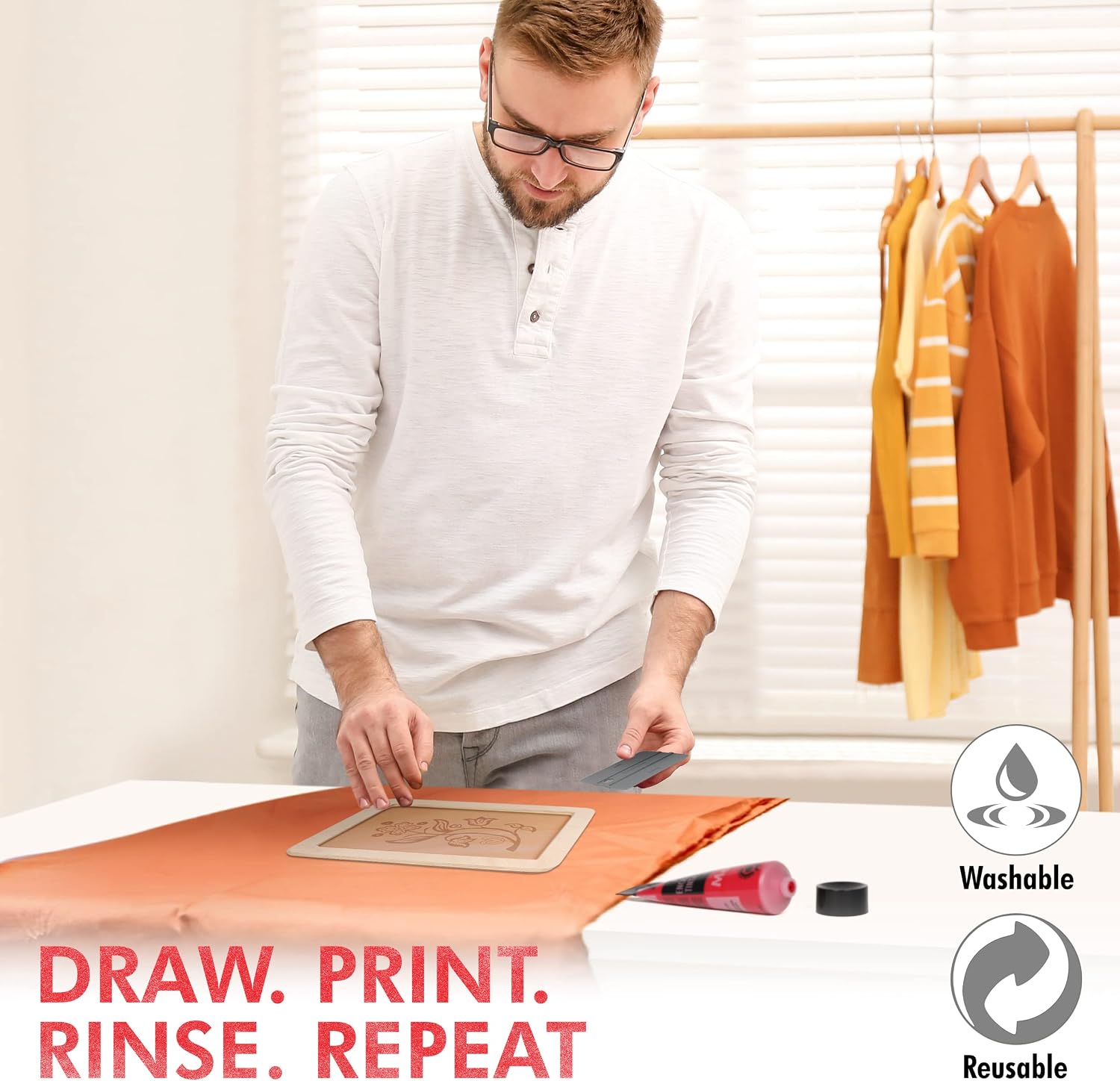 Screen Printing Kit Set - Screen Print Kit with Reusable Wooden Frame, 1 Screen Printing Squeegee, and 3 x 100ml Ink