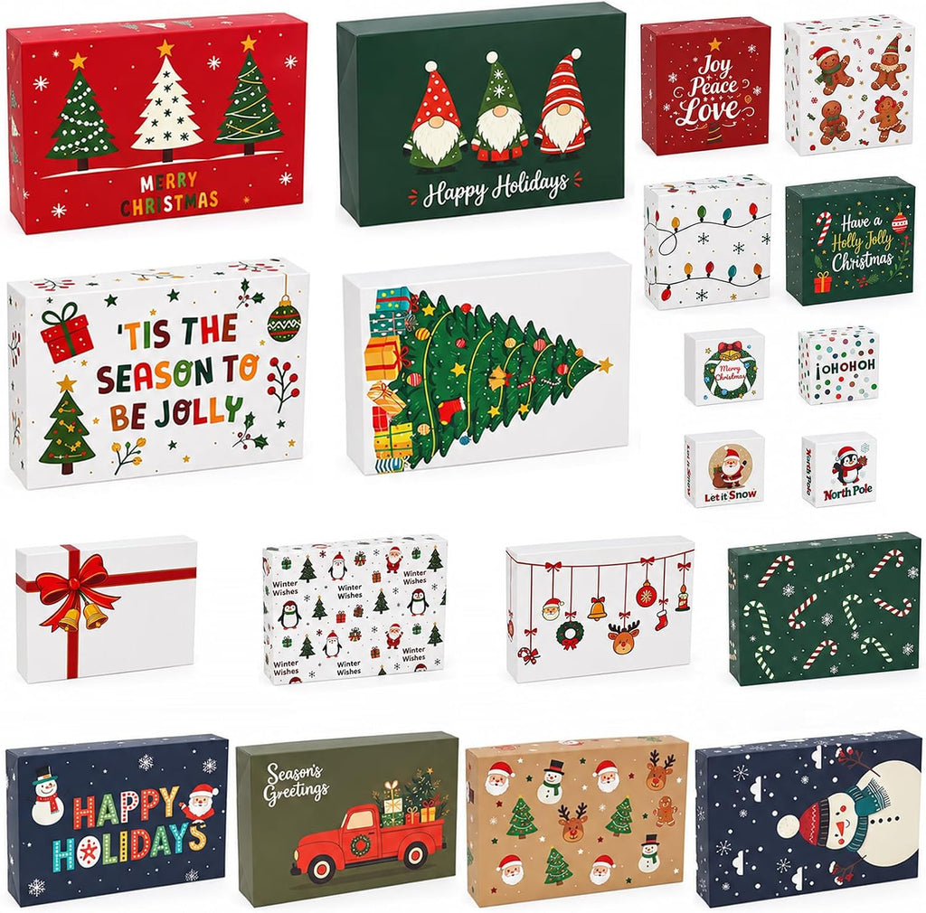 20 Pack Christmas Gift Boxes with Lids, 5 Sizes, 20 Festive Designs