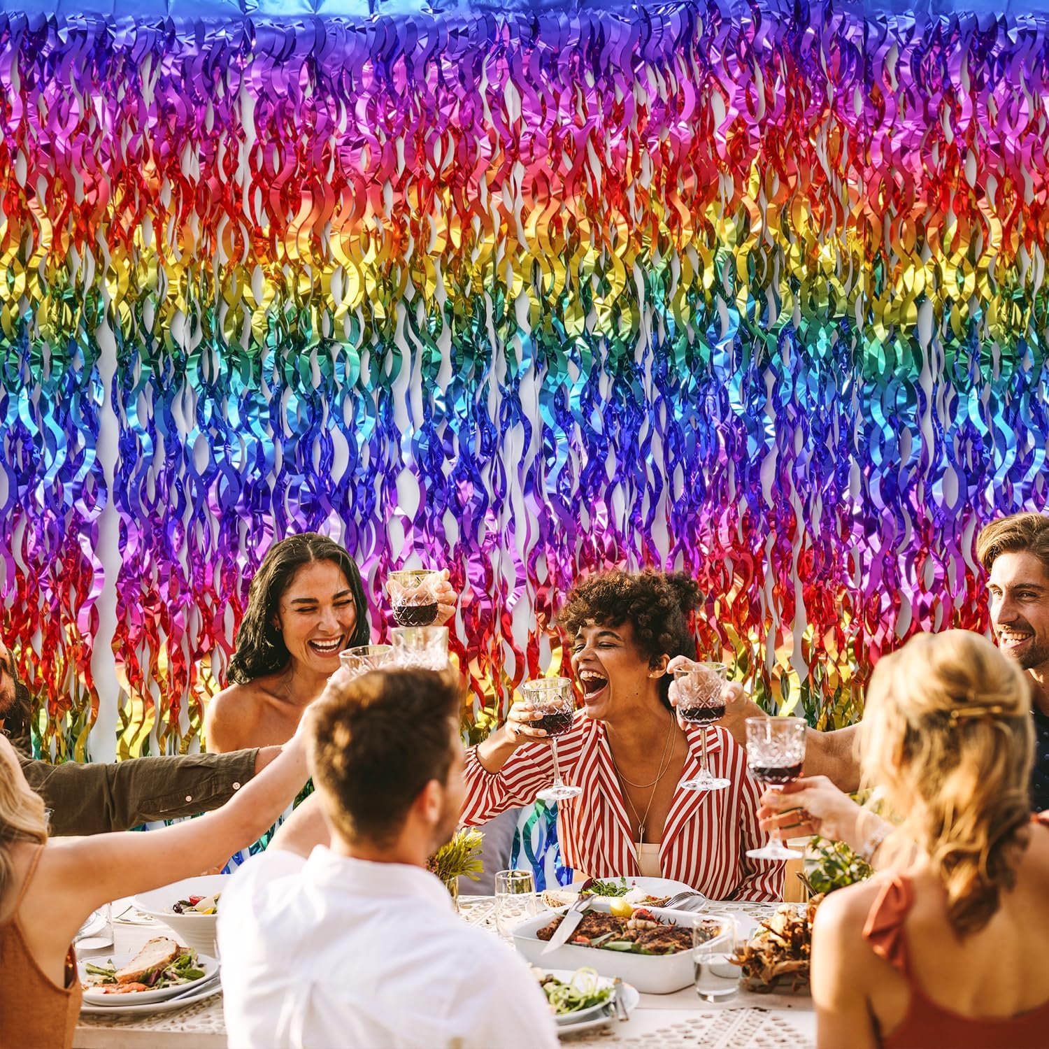 Shiny Rainbow Foil Fringe Curtain Wavy Rainbow Tinsel Streamer Backdrop for Party Decorations Birthday Wedding