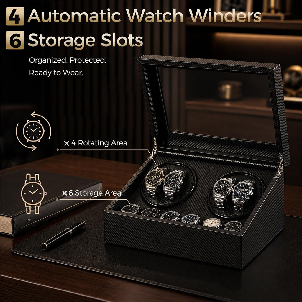 Watch Winder for Automatic Watches, Automatic Watch Winder | 4 Watch Winder with 6 Slots, Carbon Fiber Finish