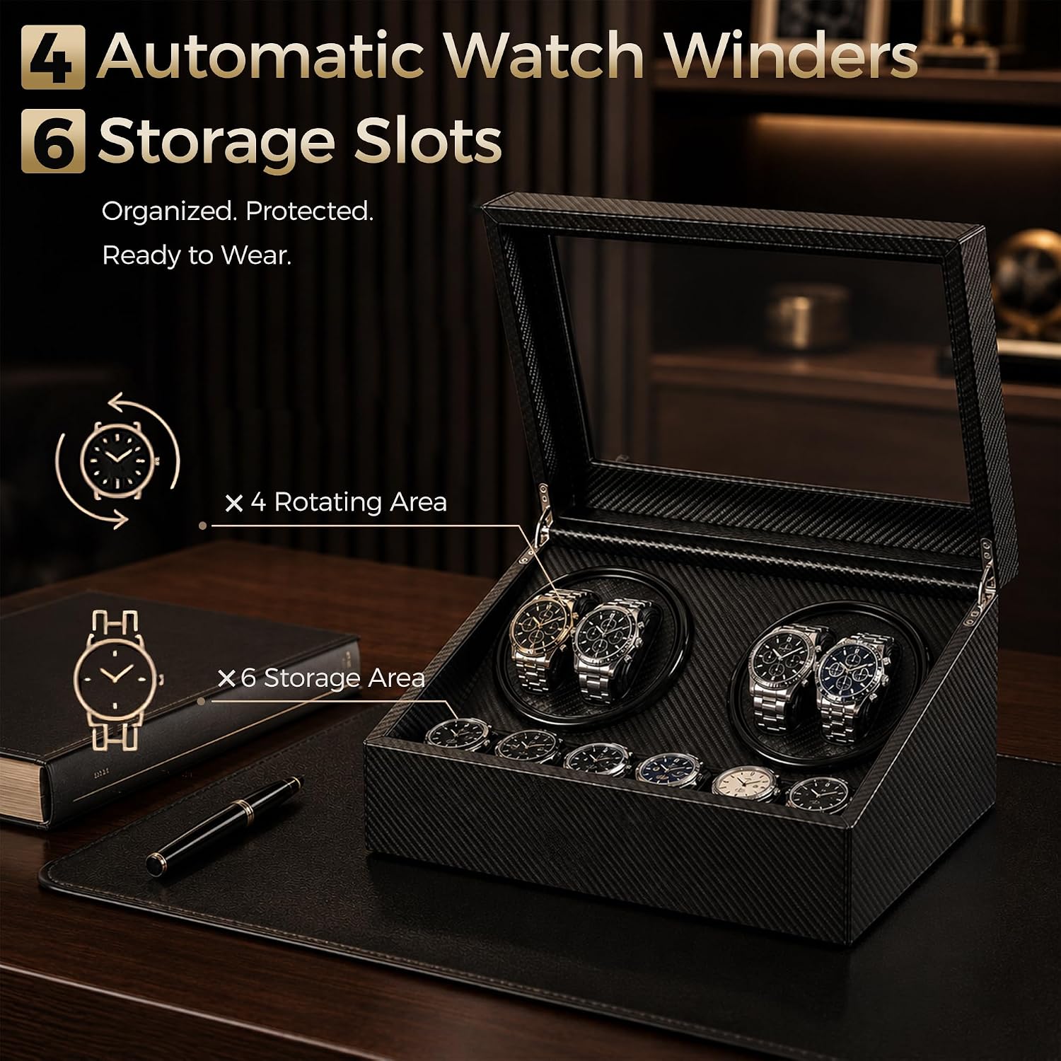 Watch Winder for Automatic Watches, Automatic Watch Winder | 4 Watch Winder with 6 Slots, Carbon Fiber Finish