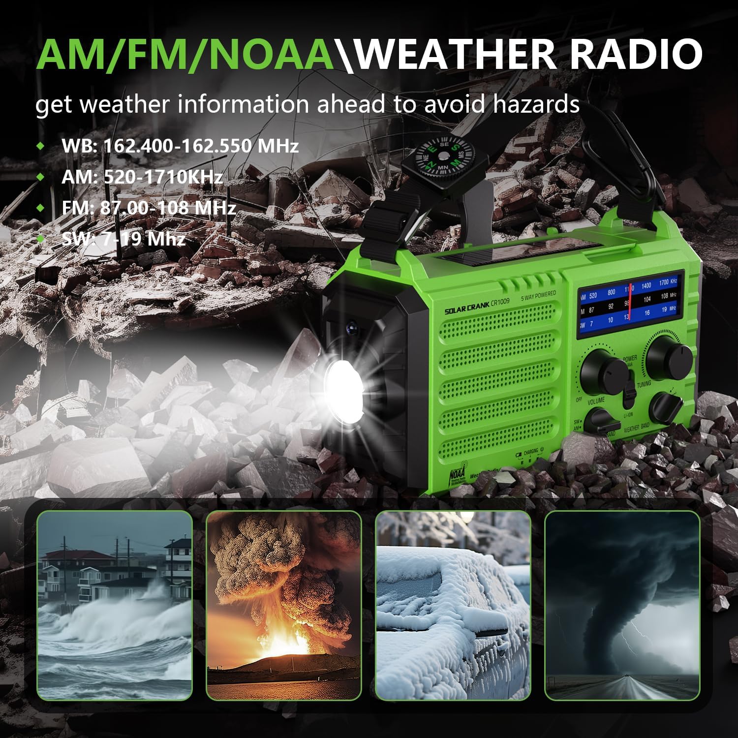Emergency Weather Radio with NOAA Alert, Portable Solar Hand Crank AM/FM/SW | 5000mAh Rechargeable Battery for Power