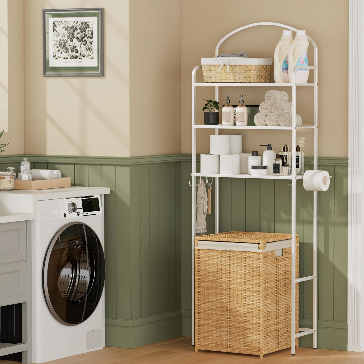 3 Tier Over The Toilet Storage Rack, Bathroom Organizer | Toilet Storage with 4 Hooks & Paper Holder, Space-Saving