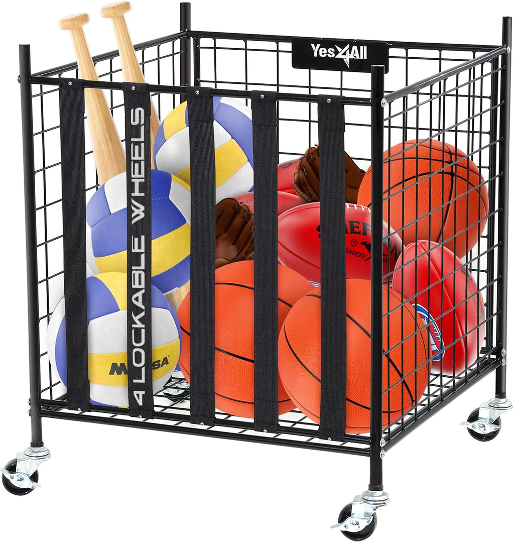 Rolling Ball Cart Storage with Lockable Wheels Volleyball Basketball Holder, Toy Balls Bin, Garage Cage, Storage