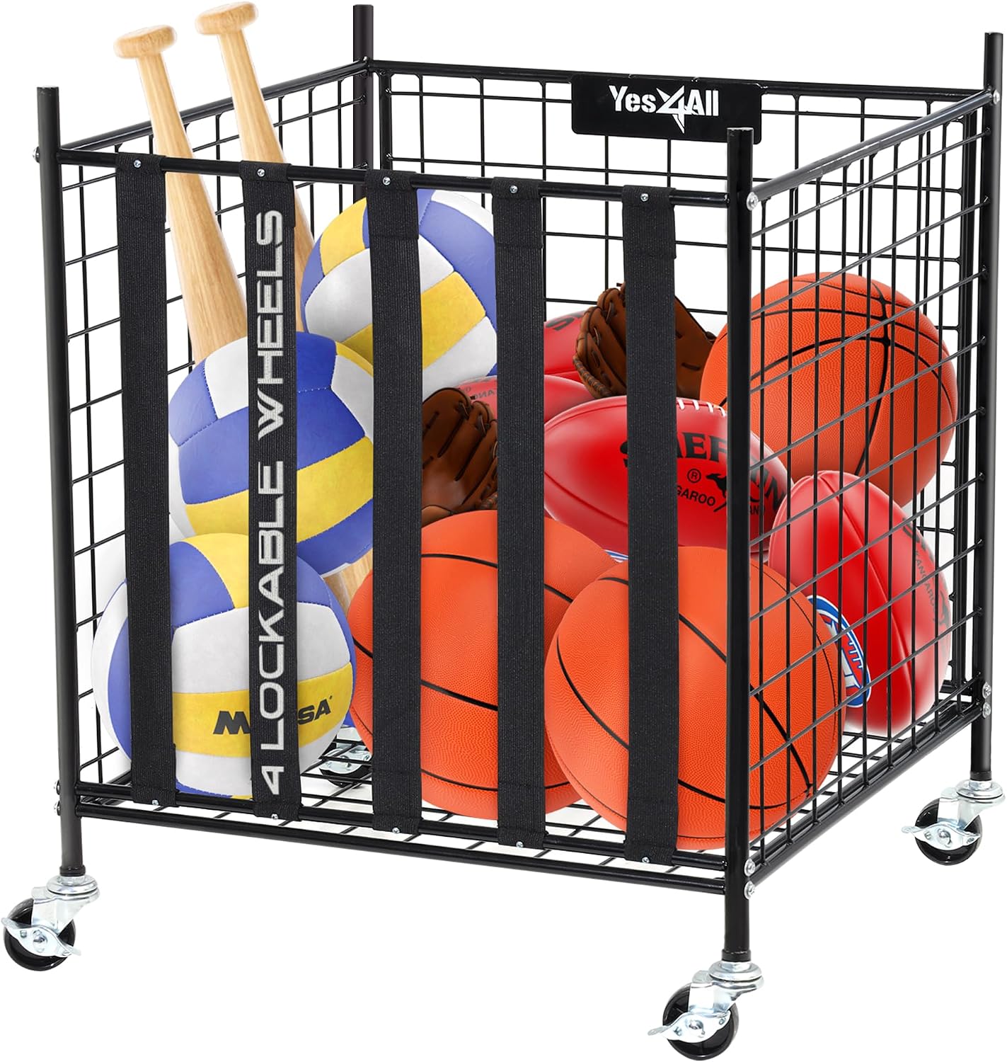 Rolling Ball Cart Storage with Lockable Wheels Volleyball Basketball Holder, Toy Balls Bin, Garage Cage, Storage