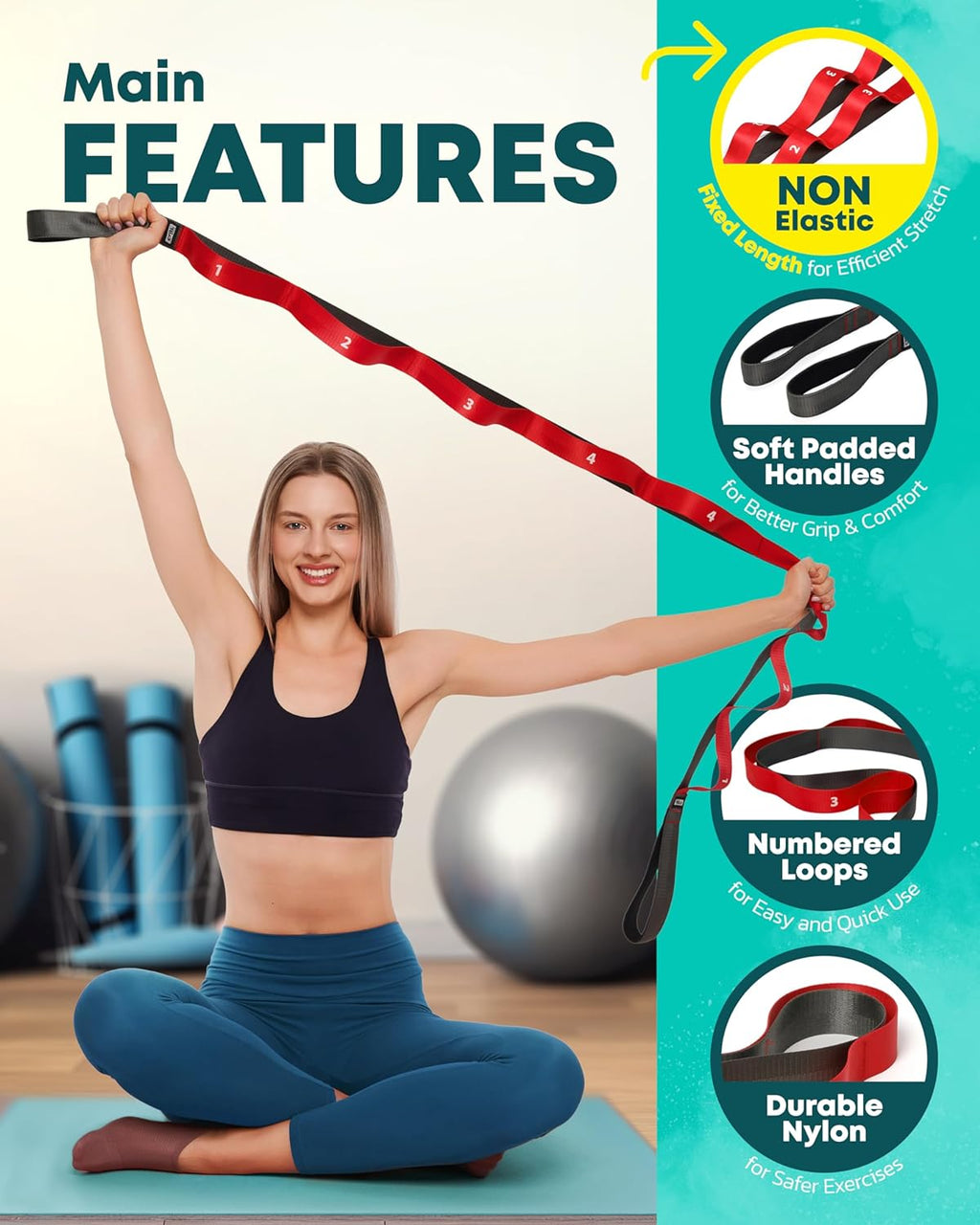 Stretching Strap with Loops, Non Elastic Stretch Band for Physical Therapy