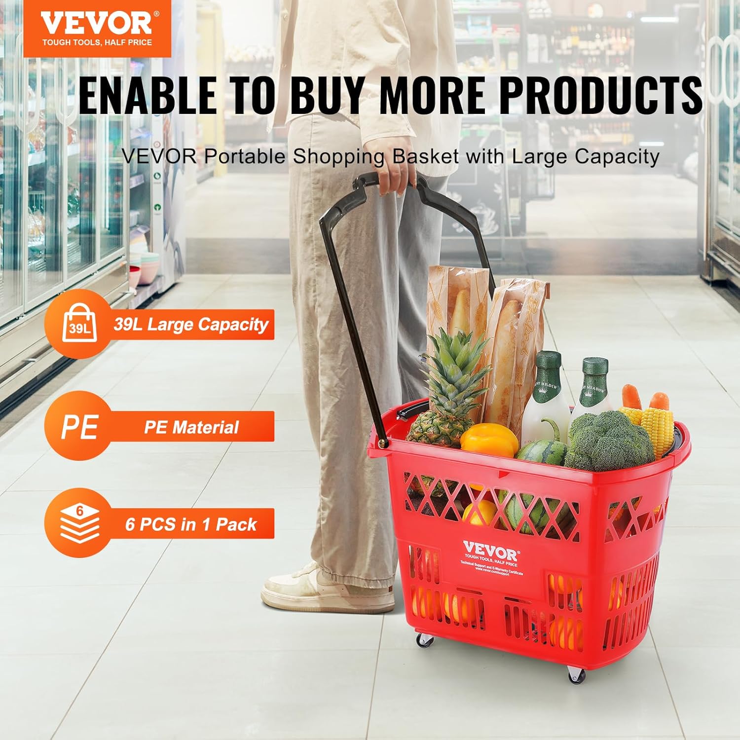 Shopping Carts with Handles, 6PCS, 39L Plastic Rolling Shopping Basket with Wheels, Large Portable Shopping Basket