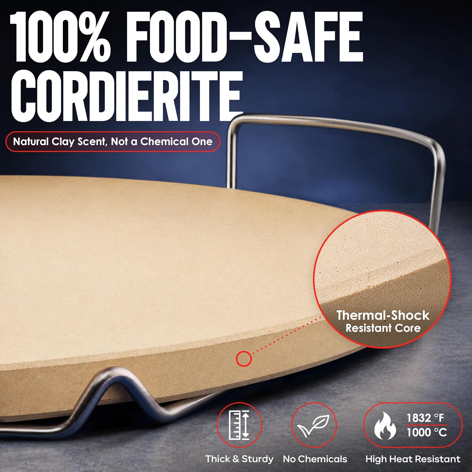 16-inch Pizza Stone for Oven and BBQ Grill with Handles, Round, 5/8" Thick - Natural Cordierite, 1800 °F Resistant
