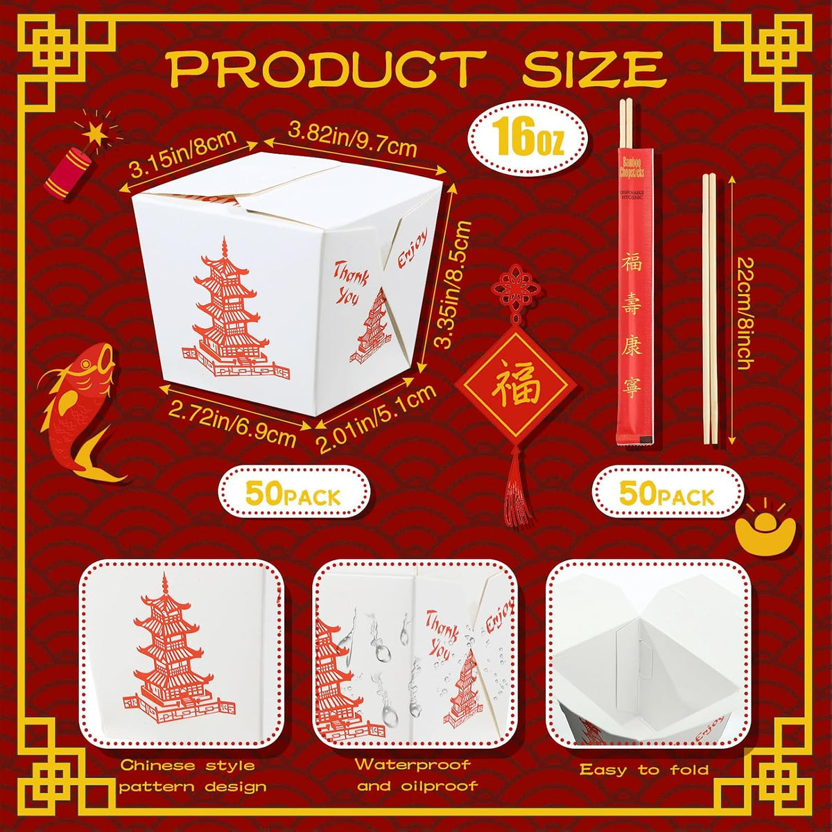 50 Set 16 oz Chinese Take out Boxes with Chopsticks Food Containers