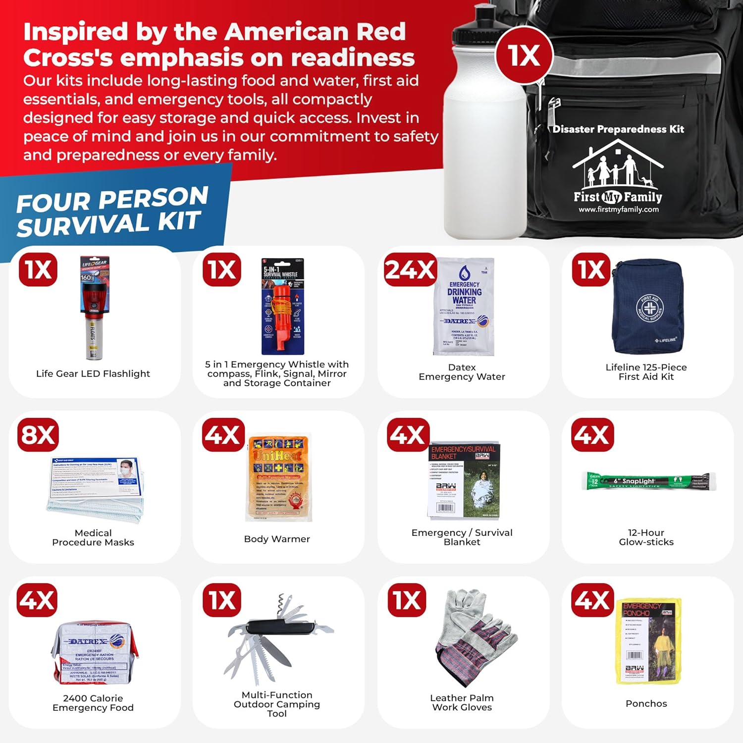 First My Family All-in-One 4 Person, 72 Hour Emergency Survival Kit for Fires, Earthquakes, Hurricanes, Floods