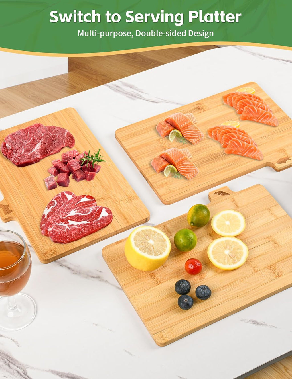 Bamboo Cutting Board Set with Meatal Stand, Lexda 4PCS Eco-Friendly Labeled Tabs Cutting Board, Durable Cutting