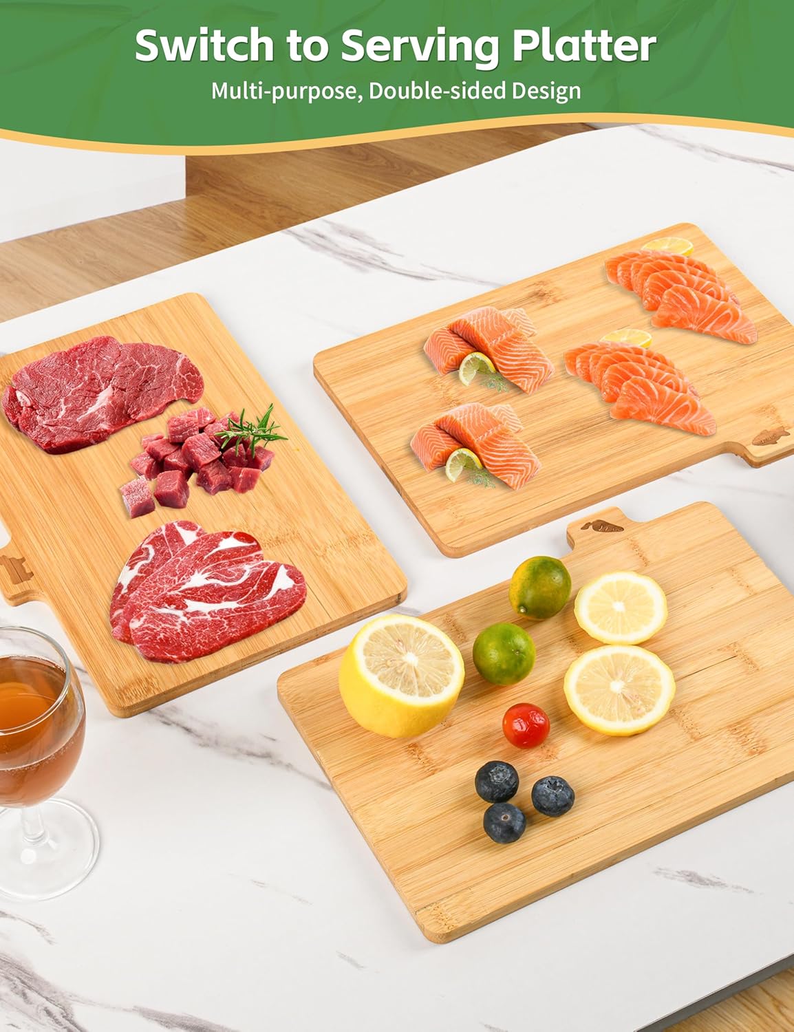 Bamboo Cutting Board Set with Meatal Stand, Lexda 4PCS Eco-Friendly Labeled Tabs Cutting Board, Durable Cutting