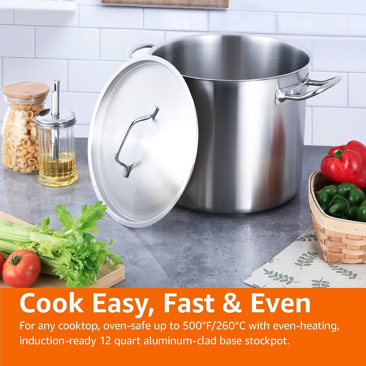 12 Quarts Stainless Steel Aluminum-Clad Stock Pot with Cover, Induction Compatible, Dishwasher Safe, Oven Safe, Even