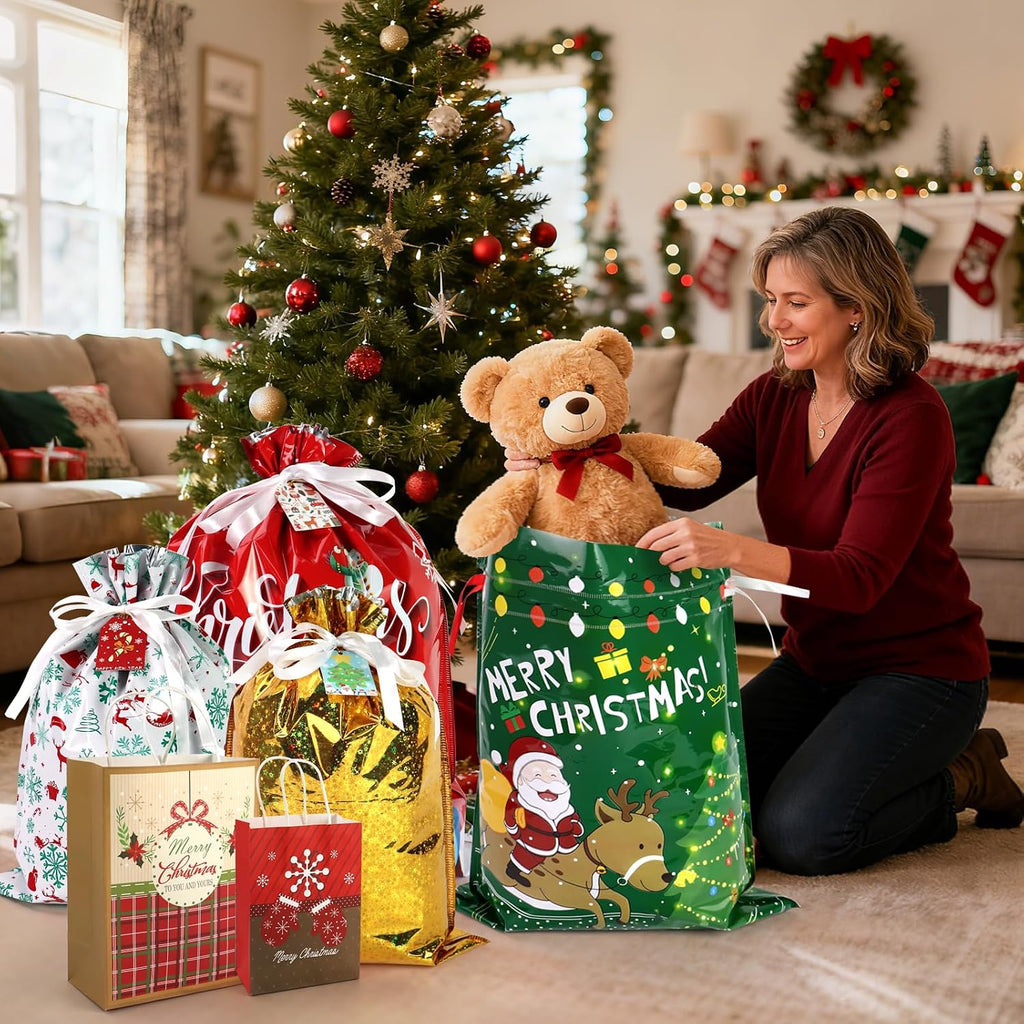 Christmas Gift Bags Bulk 48 Pack,Drawstring Christmas Bags Assorted Sizes