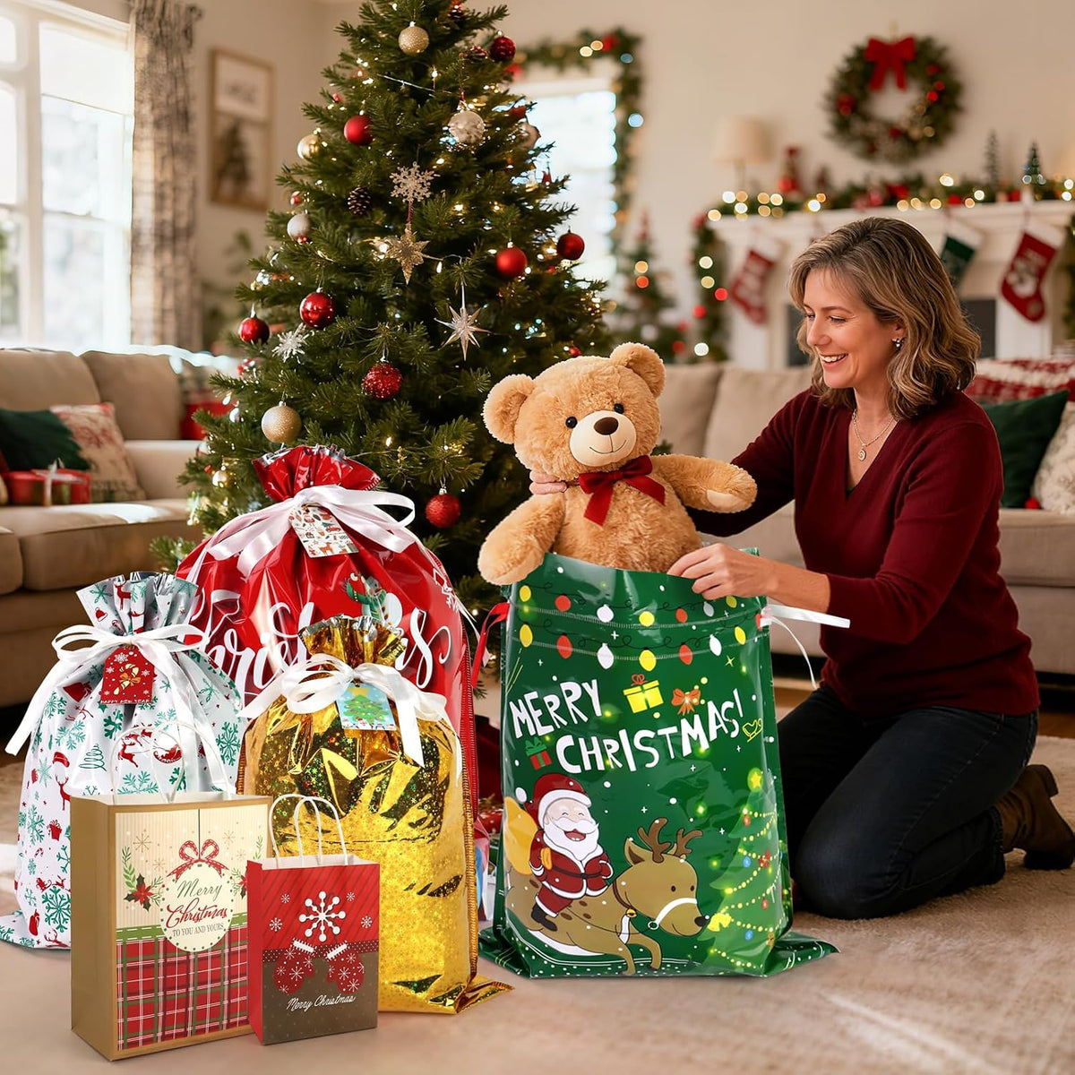 Christmas Gift Bags Bulk 48 Pack,Drawstring Christmas Bags Assorted Sizes