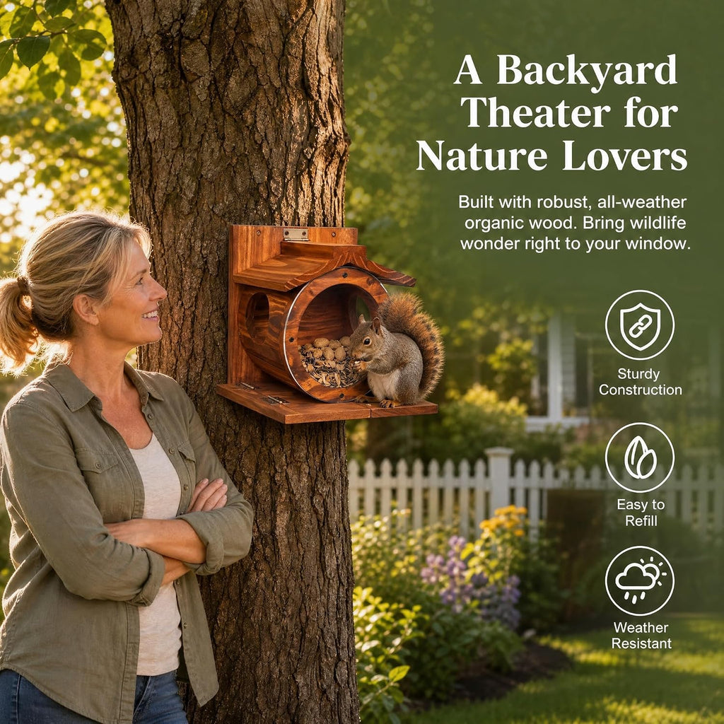 Premium Wood Squirrel Feeder House, Weatherproof Wall Mount Squirrel Food Station for Outside, Backyard Wildlife