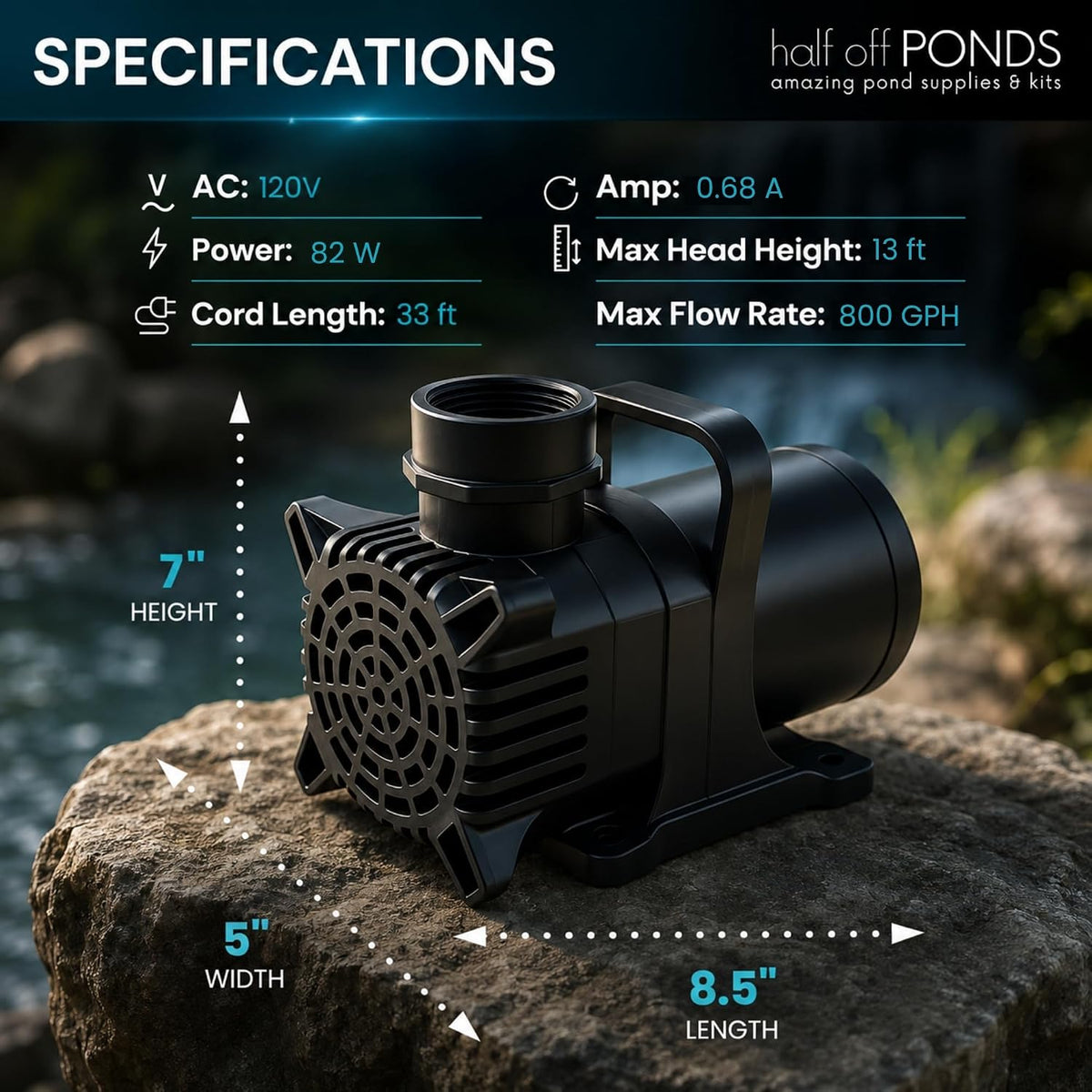 Aqua Pulse Submersible Pond Pump, 800 GPH, 33 ft Cord