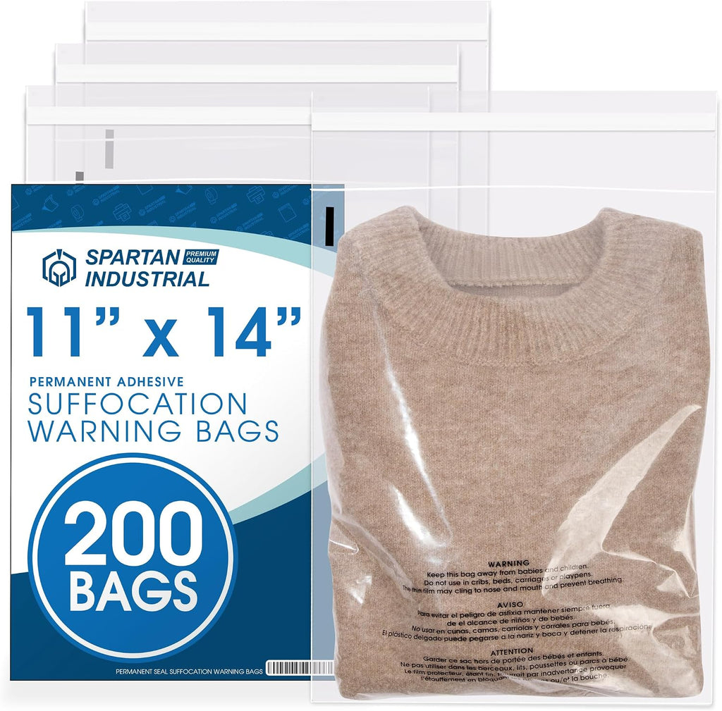 11” X 14” (200 Count) Self Seal Clear Poly Bags with Suffocation Warning