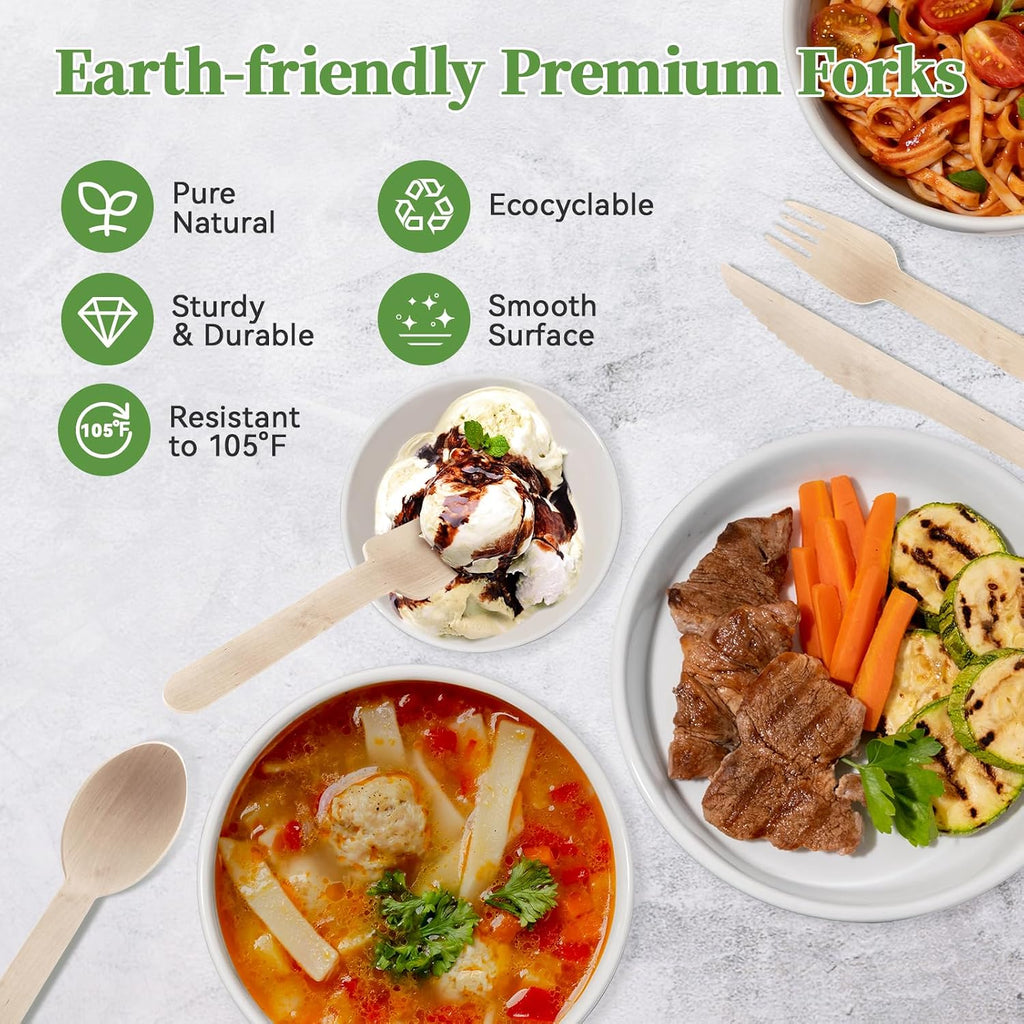 300 Count Compostable Wooden Disposable Forks for Party, Dinner