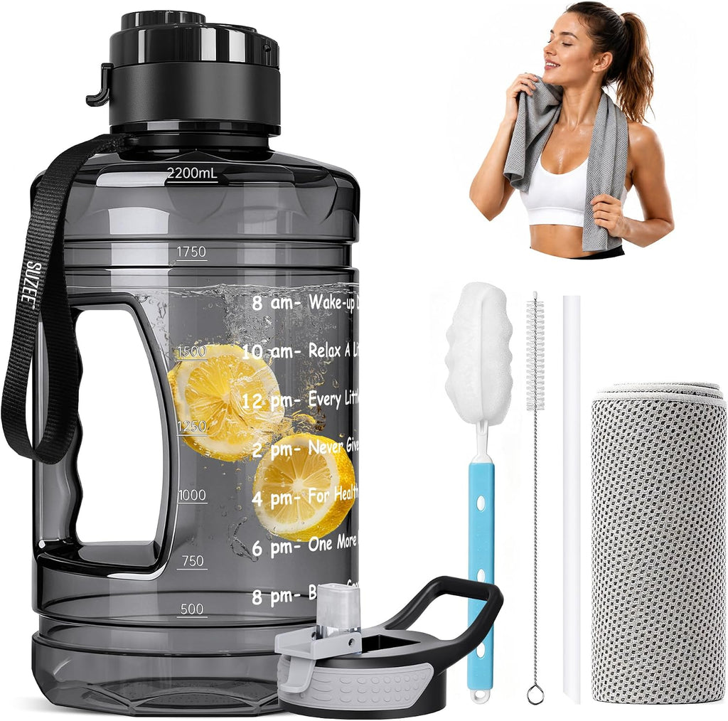 Large Water Bottle with Motivational Time Marker & Straw & Handle,2 Lids | BPA Free,Gallon Water Jug, Half Gallon